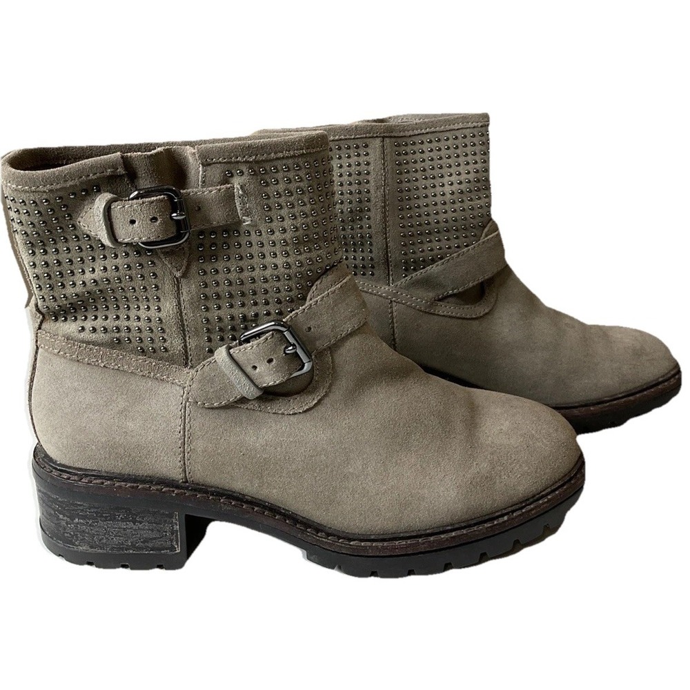 Coach Gates Women's Studded Taupe Gray Suede‎ Moto Combat Buckle Ankle Boots 6B - Picture 3 of 12